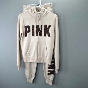 Vintage Pink Victorias Secret Sweatsuit Set XS Beige Spellout  Animal Print